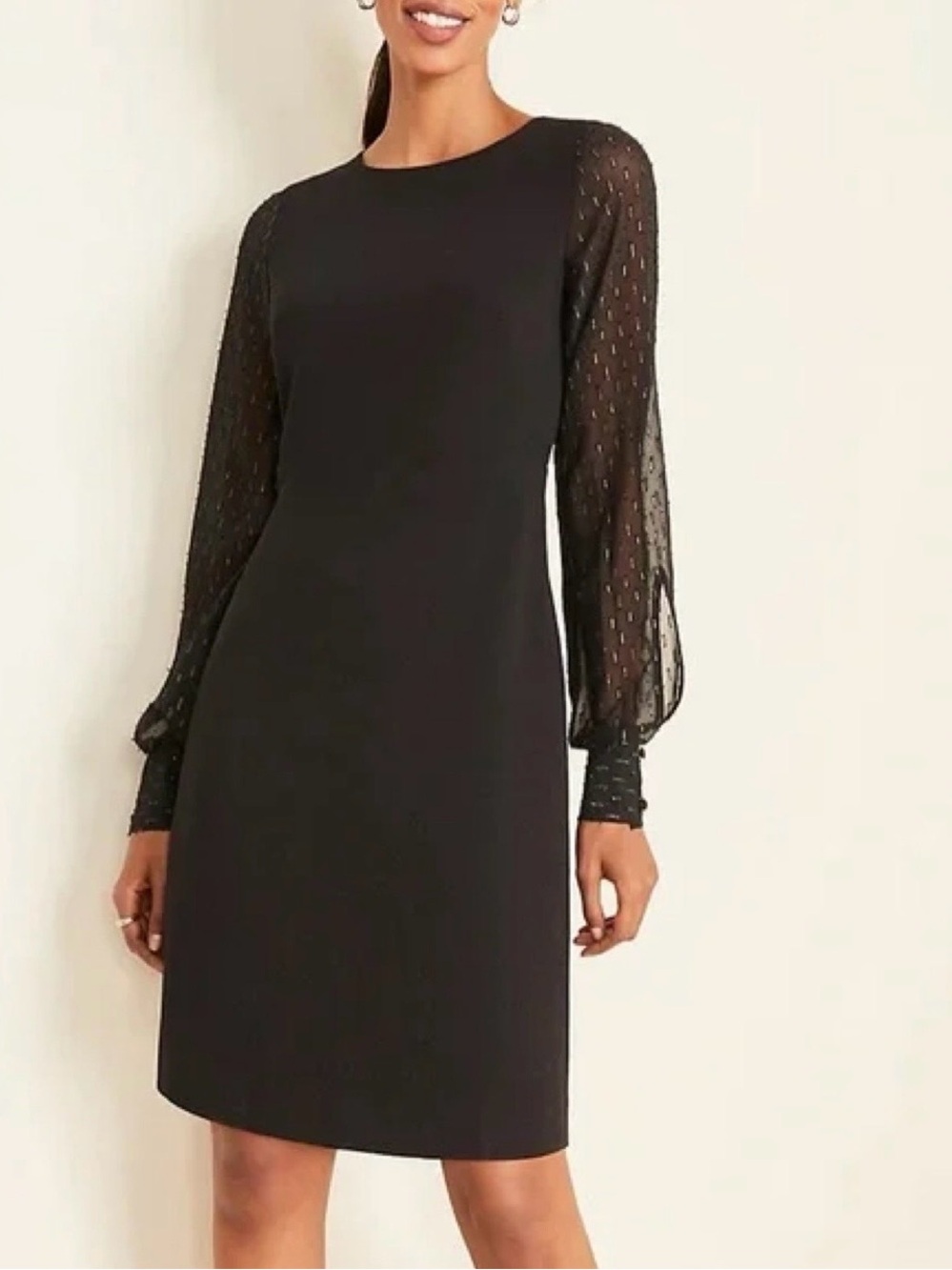 Ann Taylor Black Long-Sleeve Sheer-Dot Shift Dress